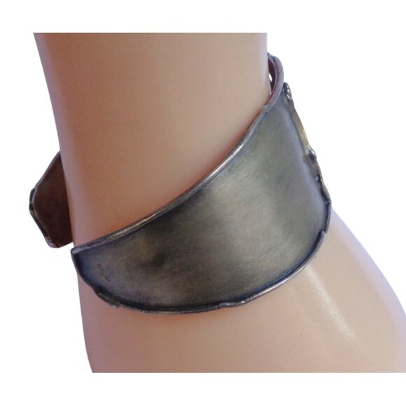 Signed SJ Blackened Gold 925 Cuff Bracelet Modernist Cutout Holes Polkadot Edgy - Picture 2 of 7